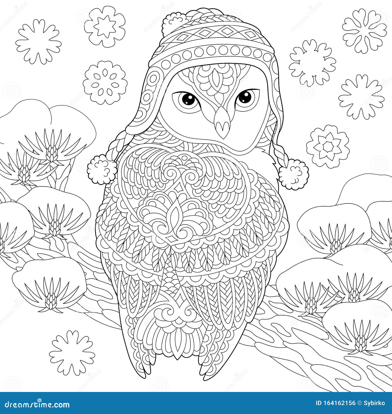 Coloring page with winter owl stock vector