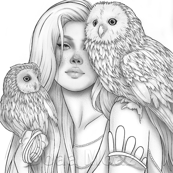 Adult coloring page fantasy girl owls portrait