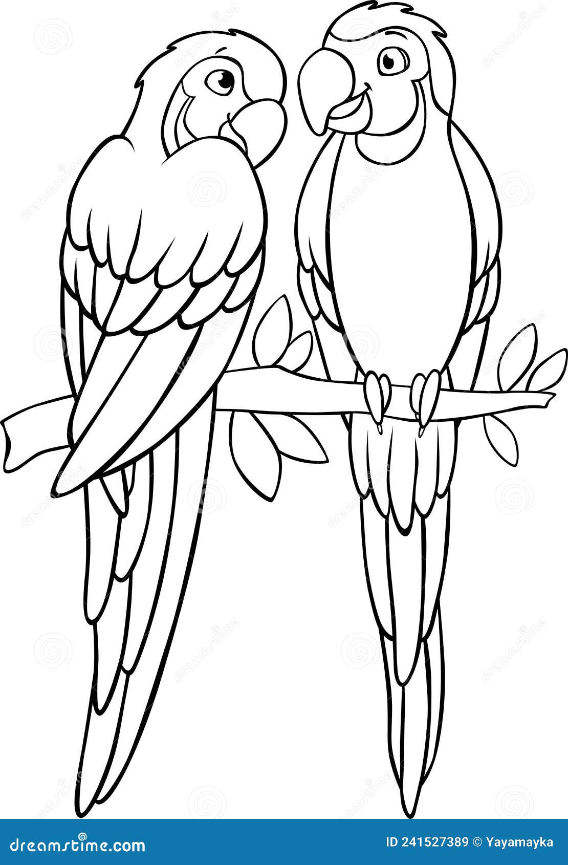 Coloring page two cute yellow macaw sits and smiles they are in love stock vector