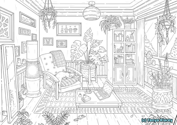 Interior coloring page adult colouring book cats plants aesthetic room dream home bohemian interior boho nordic hygge