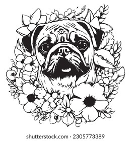 Pug flower coloring page outline doodle stock vector royalty free