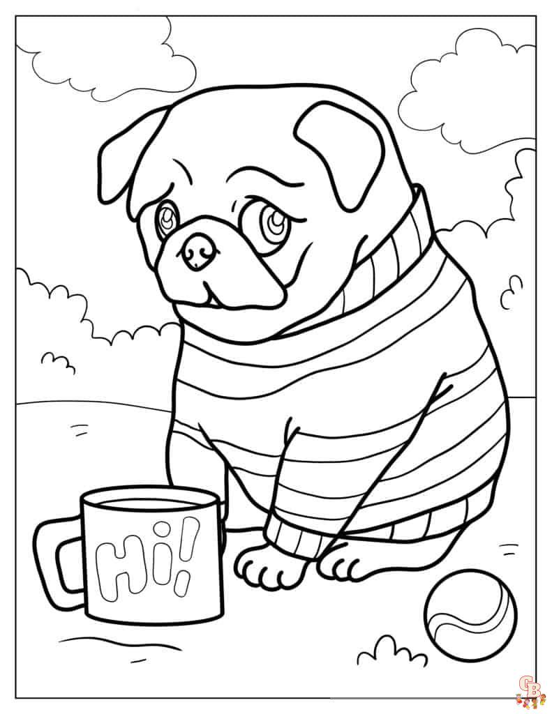 Enjoy fun and printable funny pug playing ball coloring pages