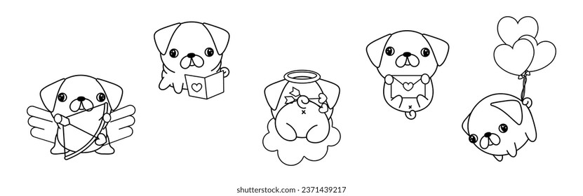 Set kawaii pug dog coloring page stock vector royalty free