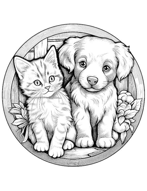 Five cute kitten and puppy coloring sheets for instant download