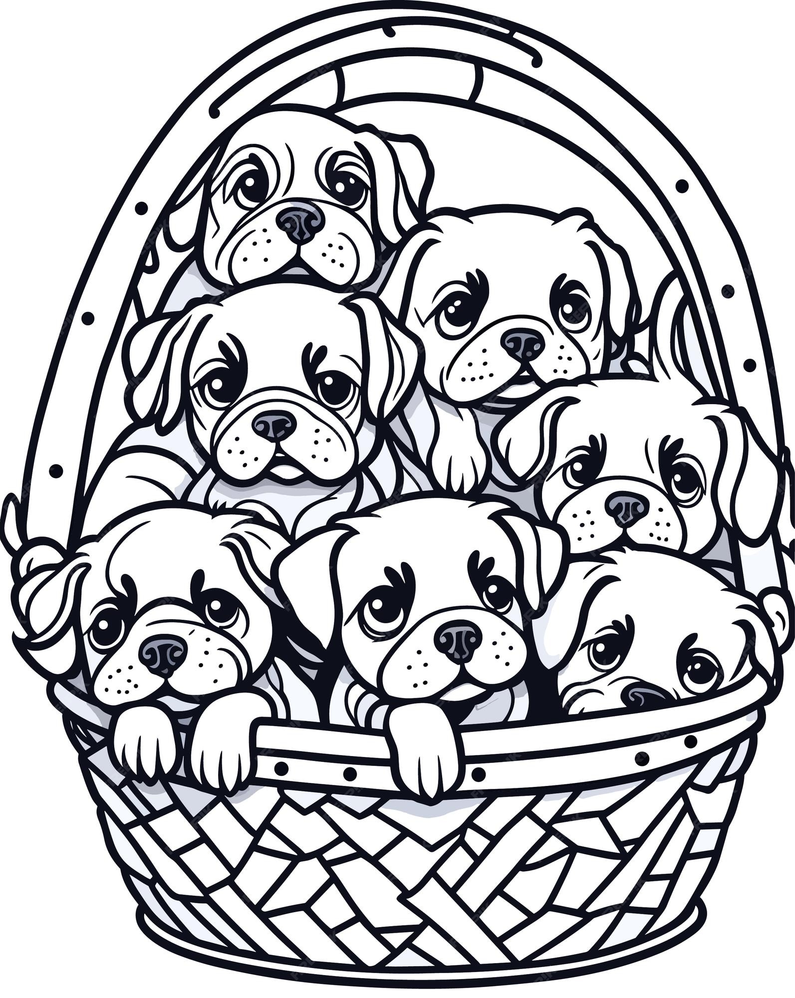 Premium vector dog puppies in the basket kawaii style coloring page for kids cartoon style clean line art high