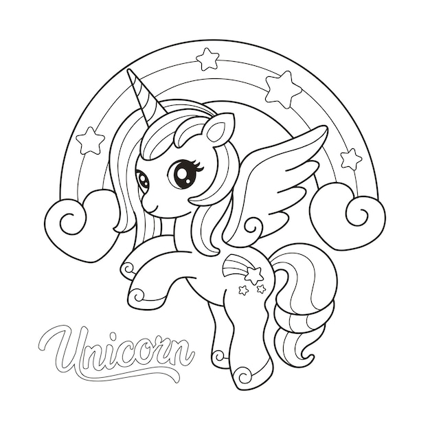 Premium vector unicorn rainbow coloring page illustration