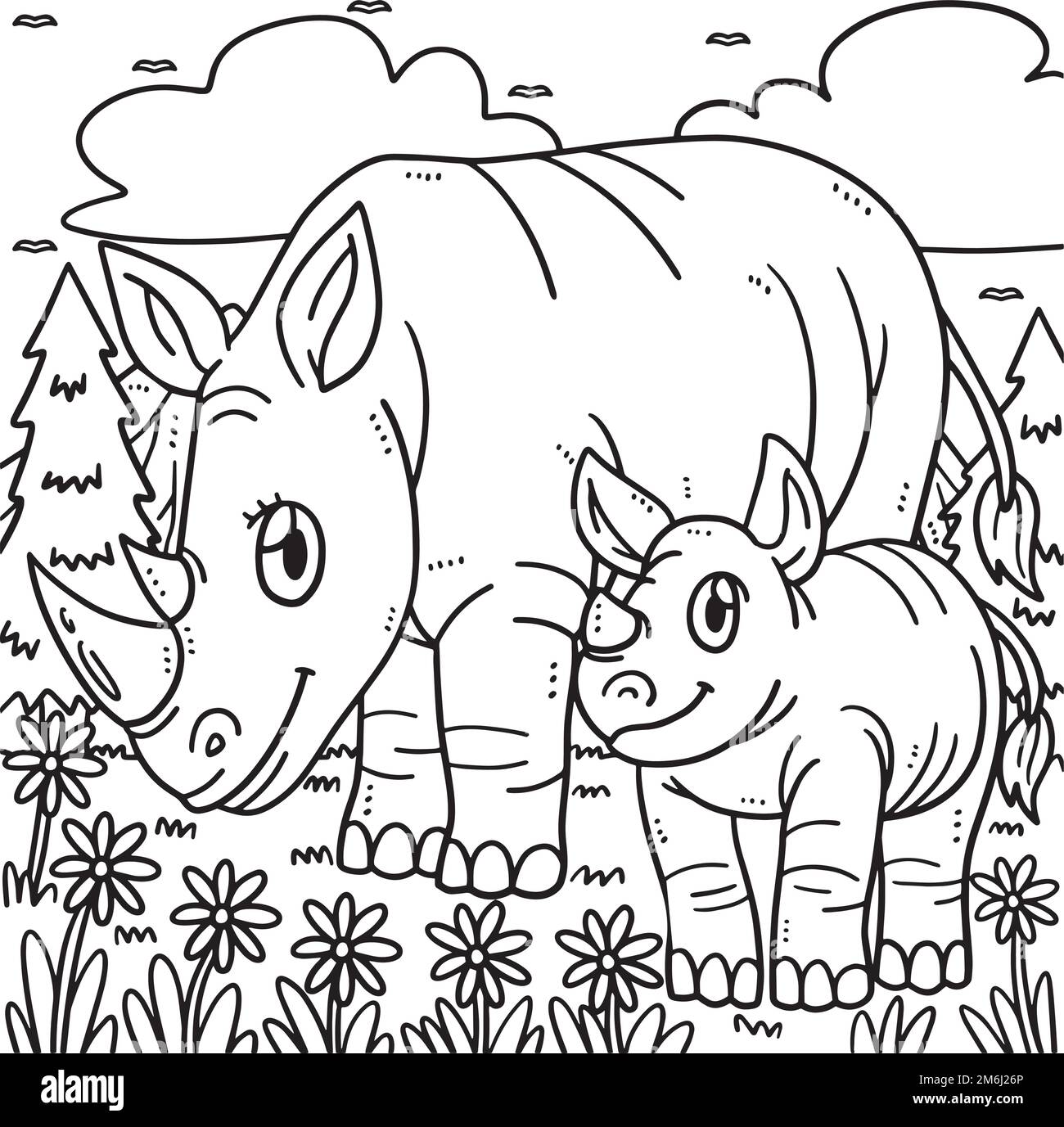 Mother rhino and baby rhino coloring page for kids stock vector image art