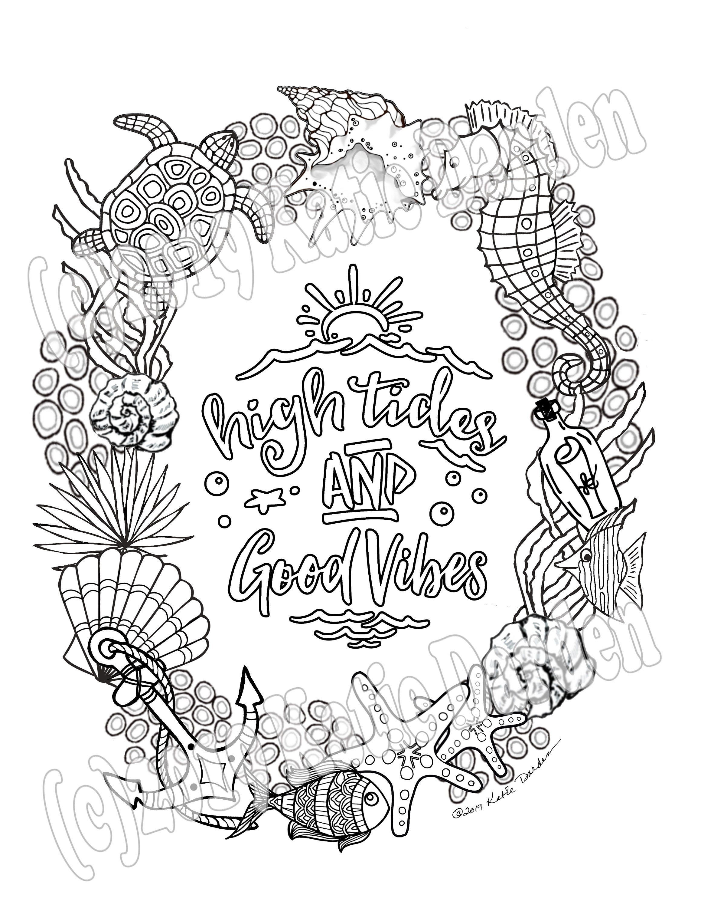 High tides good vibes summer fun coloring page instant download