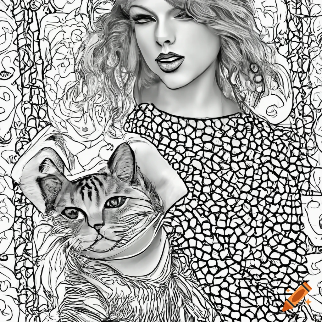 Colouring page image of taylor swift relaxing with her cats white background clean line art fine line art hd on