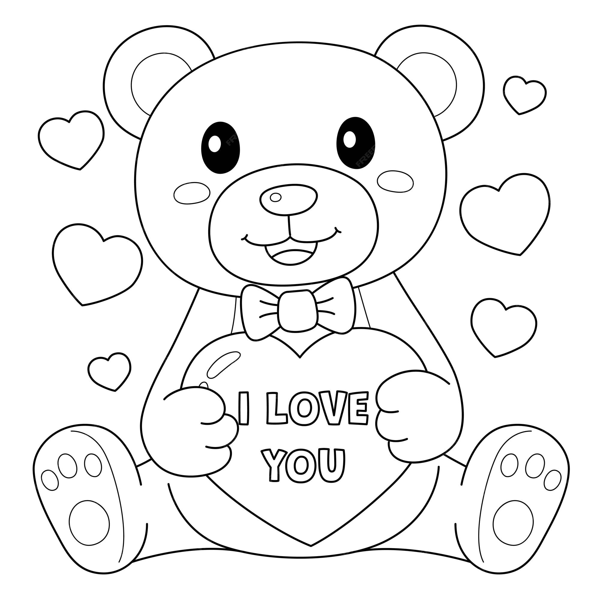 Premium vector valentines day teddy bear coloring page for kids