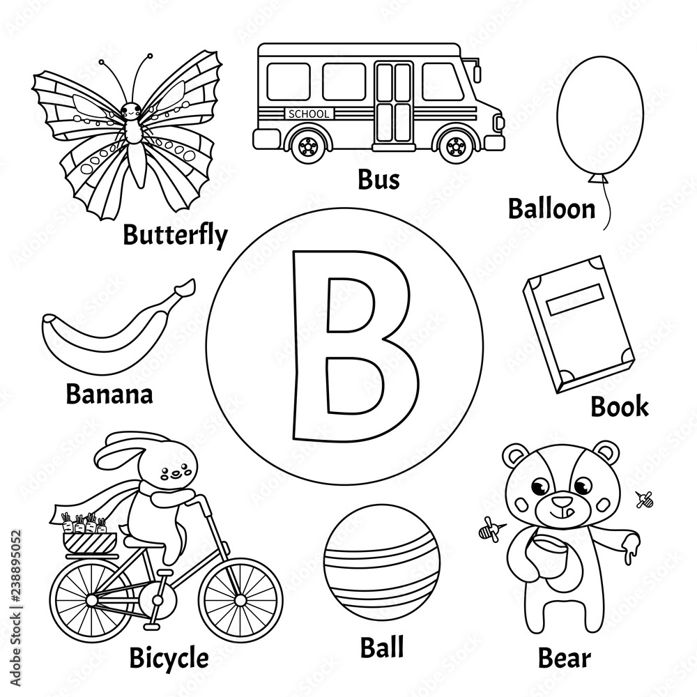 Learning card alphabet letter b set of cute cartoon illustrations coloring page vector