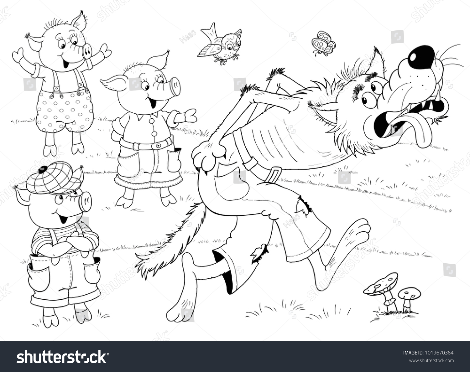 Three little pigs fairy tale coloring stock illustration