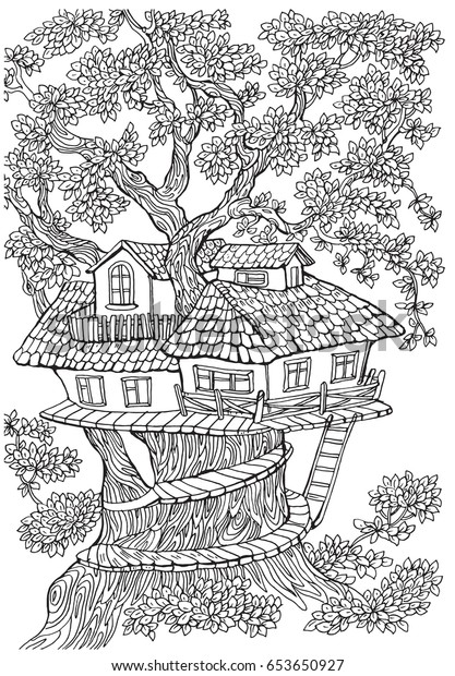 Coloring pages kids adults tree house stock vector royalty free