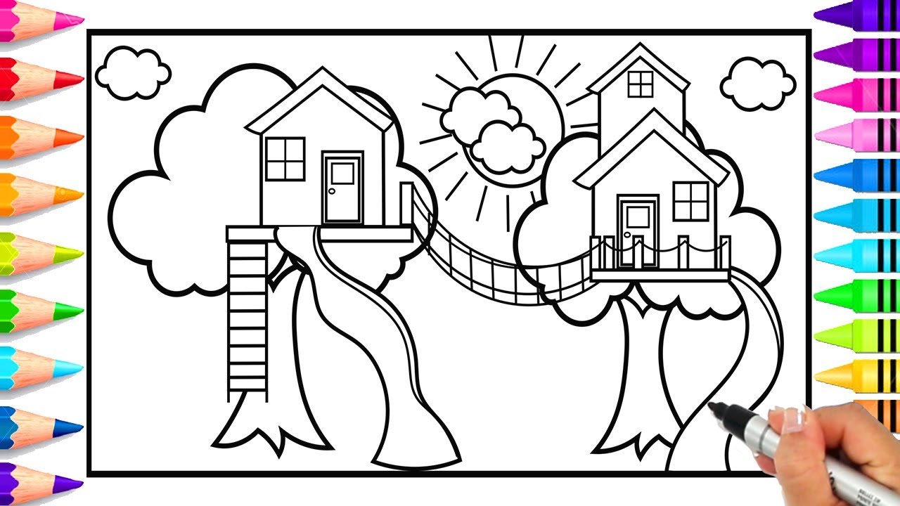 How to draw a tree house tree house coloring page tree house with rope bridge and slides