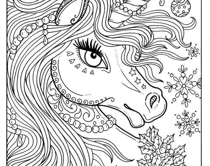 Unicorn christmas coloring page adult color book art fantasy digital unicorn coloring pages coloring book art animal coloring pages