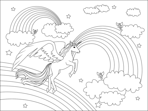 Winged unicorn and rainbow coloring page free printable coloring pages