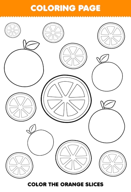 Premium vector education game for children coloring page of cute cartoon orange fruit line art printable worksheet