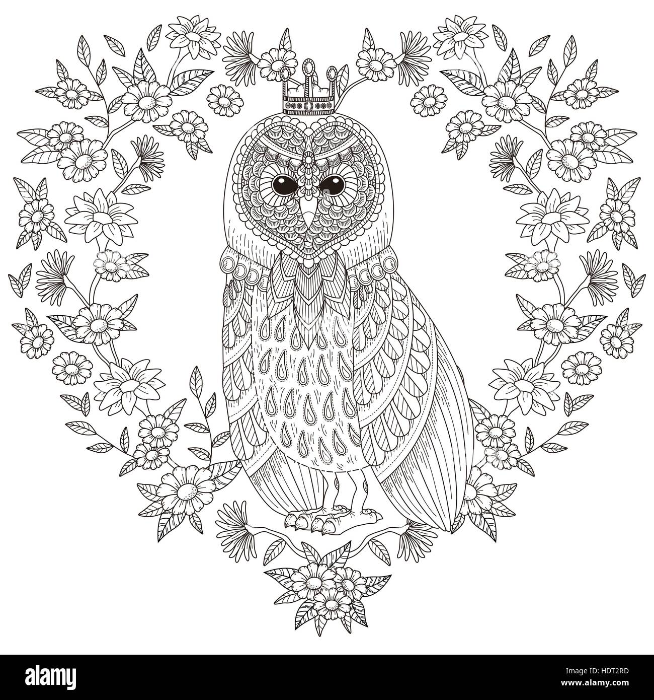 Lovely owl coloring page with floral elements in exquisite line stock vector image art