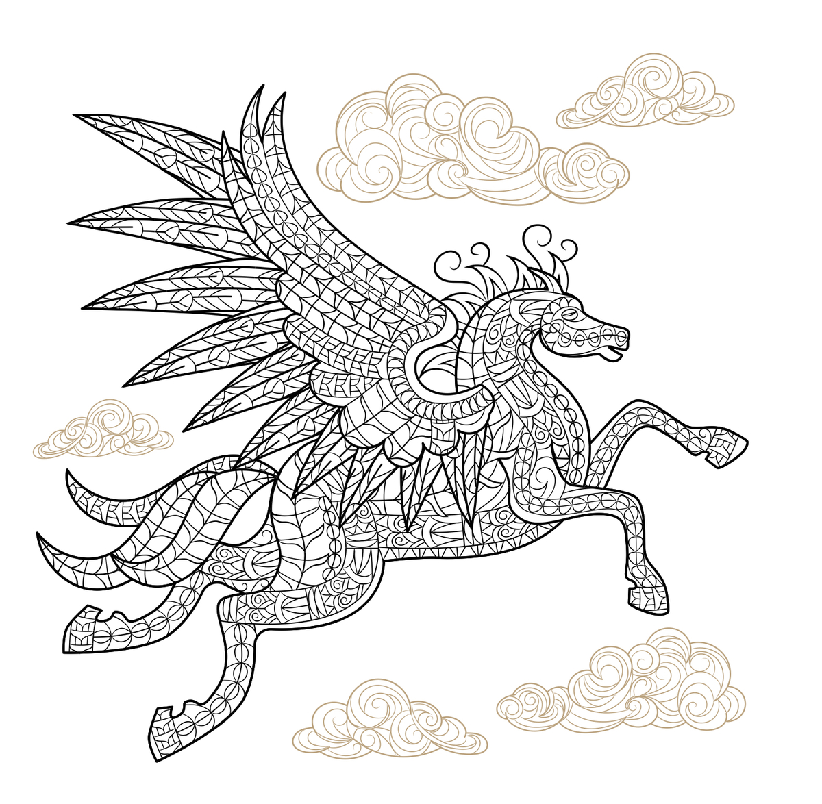 Pegasus winged horse adult coloring page