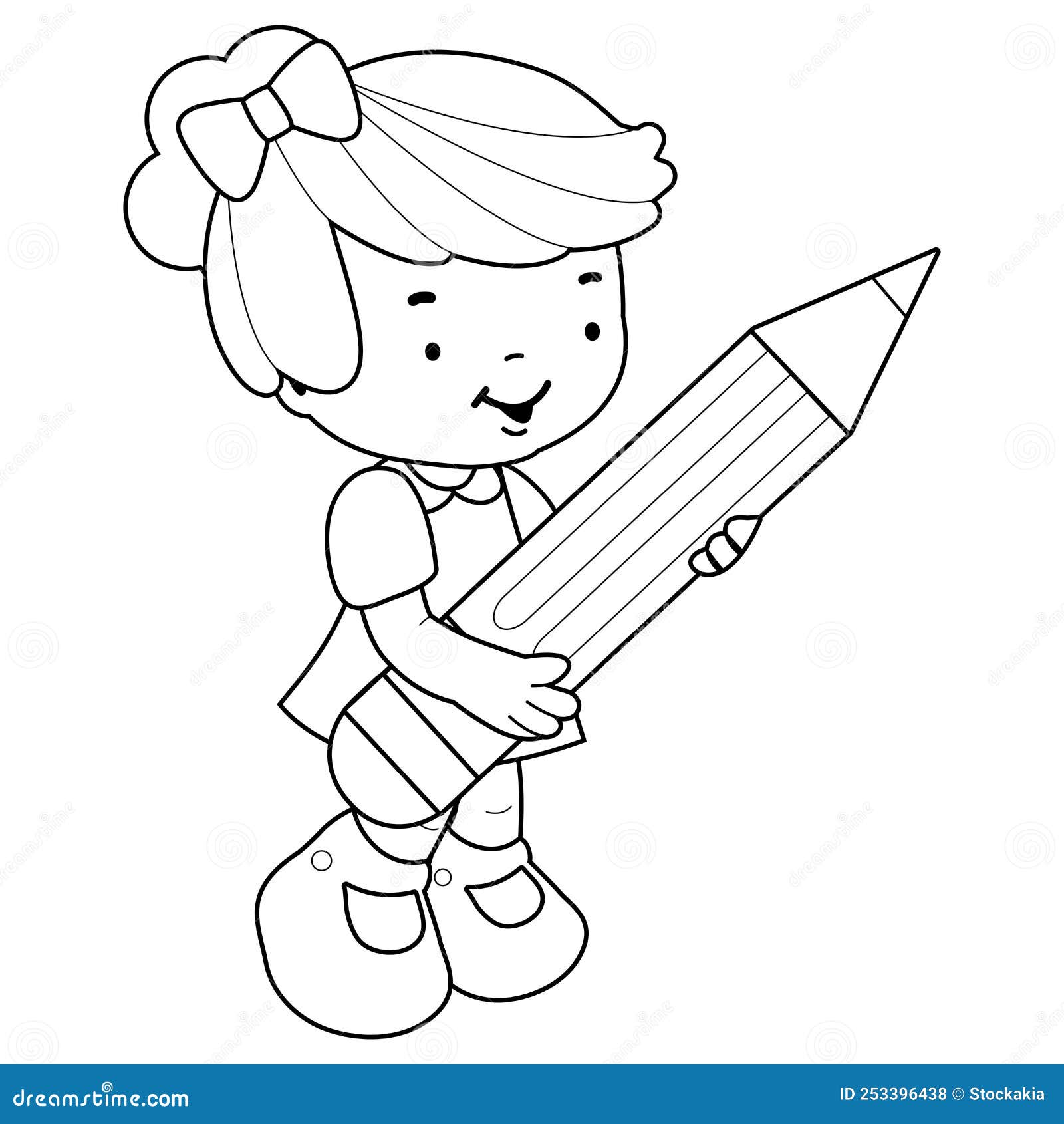 Little girl student holding a big pencil vector black and white coloring page stock vector