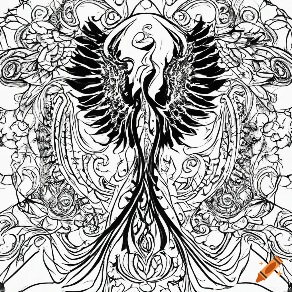 Black and white coloring book page of a phoenix rising out of flames of sacred geometry on