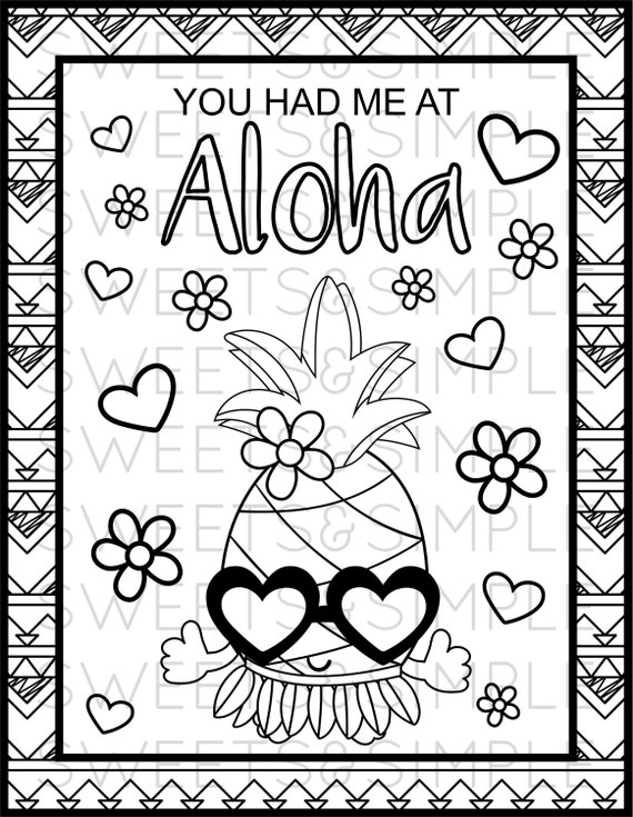 Pineapple coloring page aloha coloring sheet summer hawaiian printable instant download