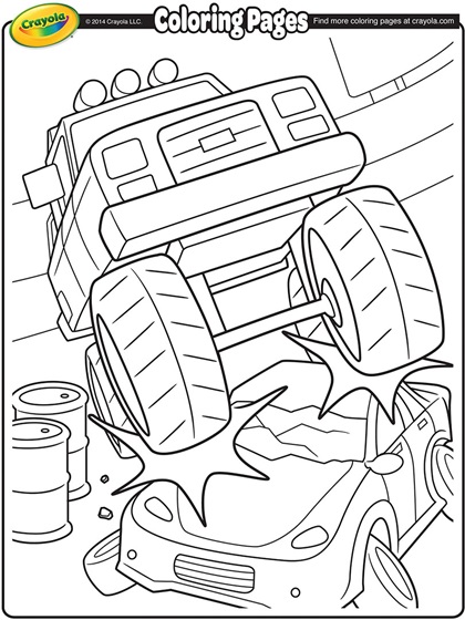 Monster truck crushing a car coloring page