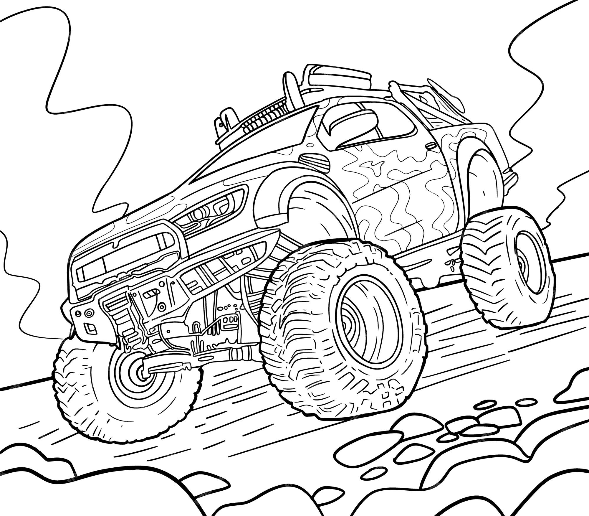 Premium vector hand drawn monster truck coloring page for kids a coloring page of a monster truck