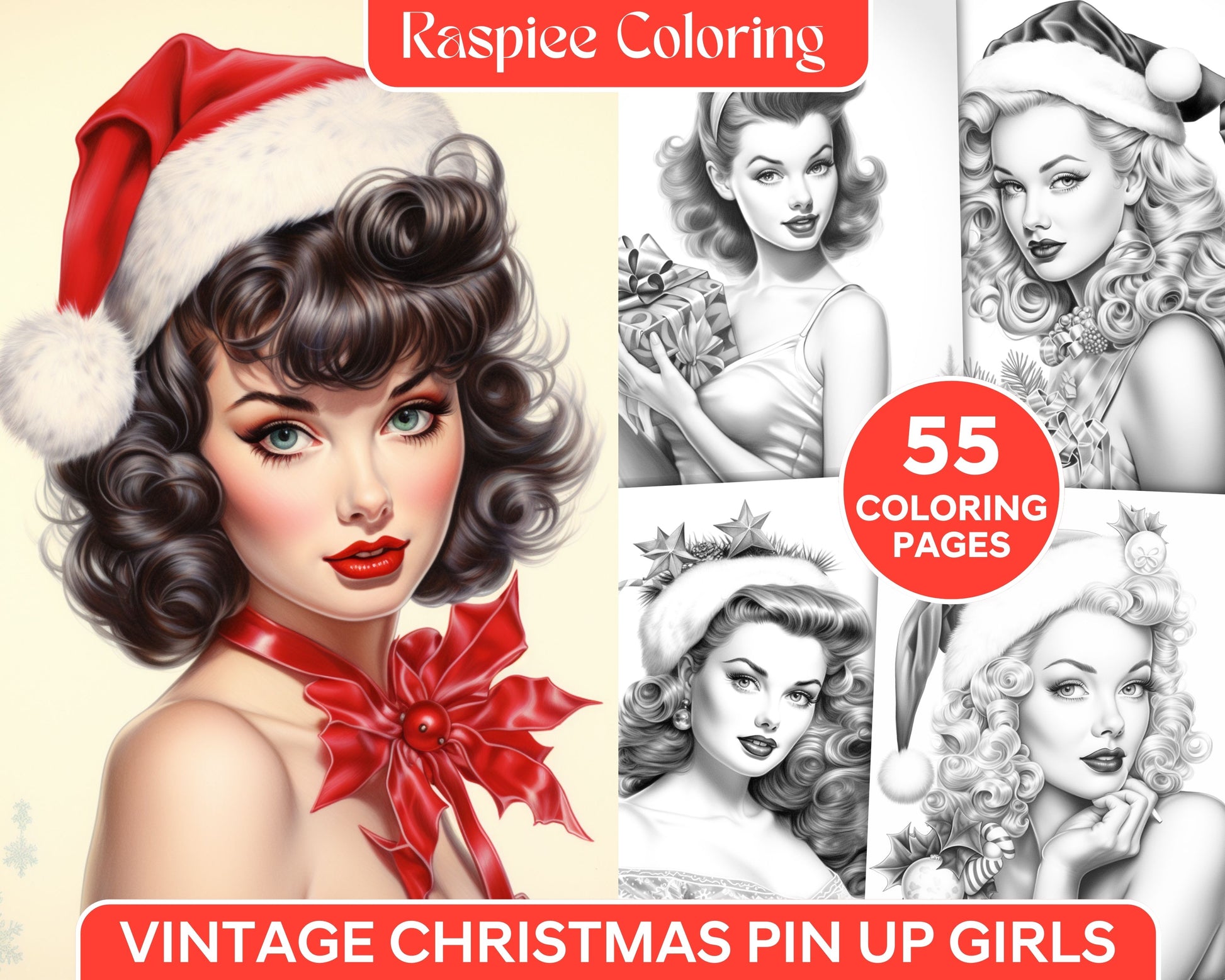 Vintage christmas pin up girls grayscale coloring pages for adults â coloring