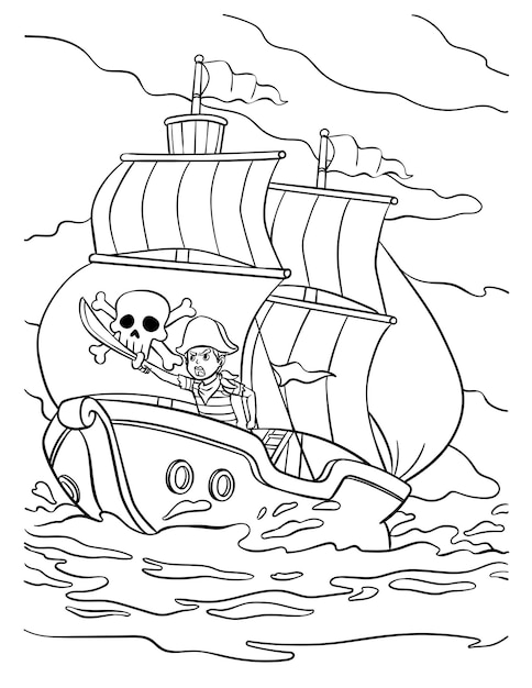 Premium vector pirate ship coloring page for kids