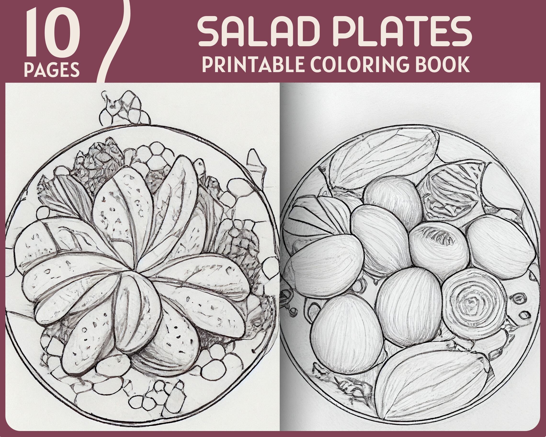 Salad plates coloring pages salad plate vegetables printable coloring book vegetarian foods grayscale coloring page