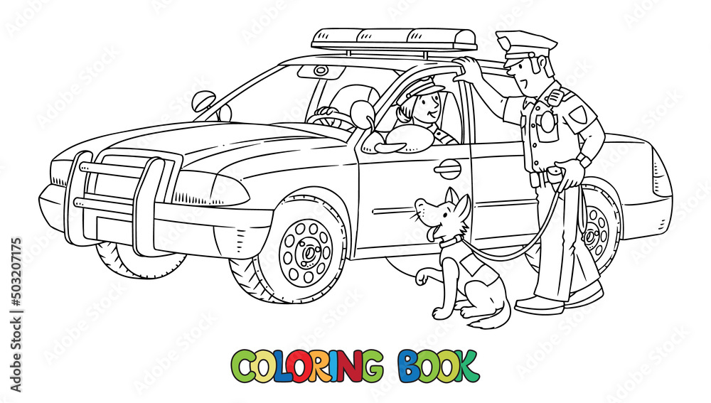 Police officers and police car coloring book vector