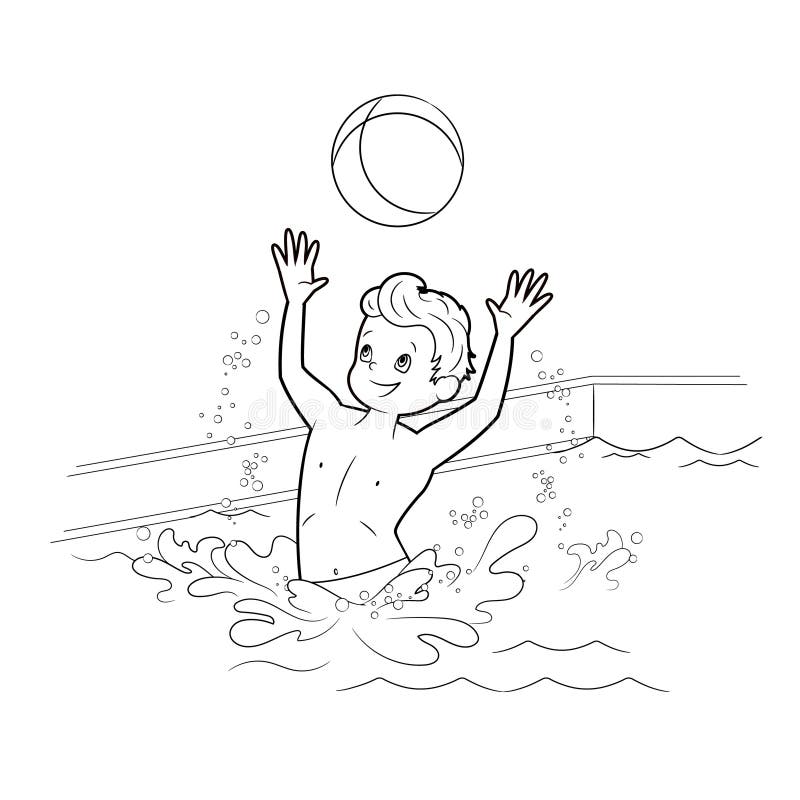 Coloring book boy swimmer playing ball in the pool of water vector illustration in cartoon style stock vector