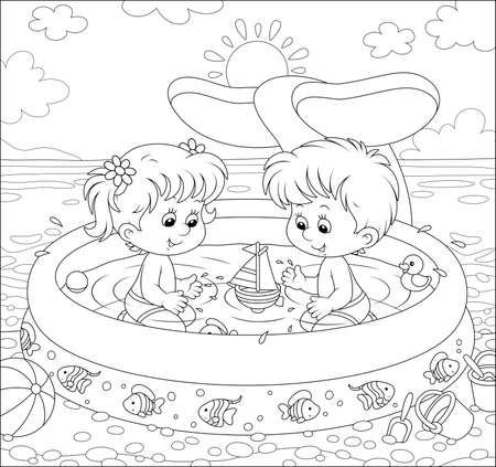 Happy little kids with toys playing in an inflatable paddling pool near water on a sea beach on a sunny summer day black and white outline vector illustration in a cartoon style