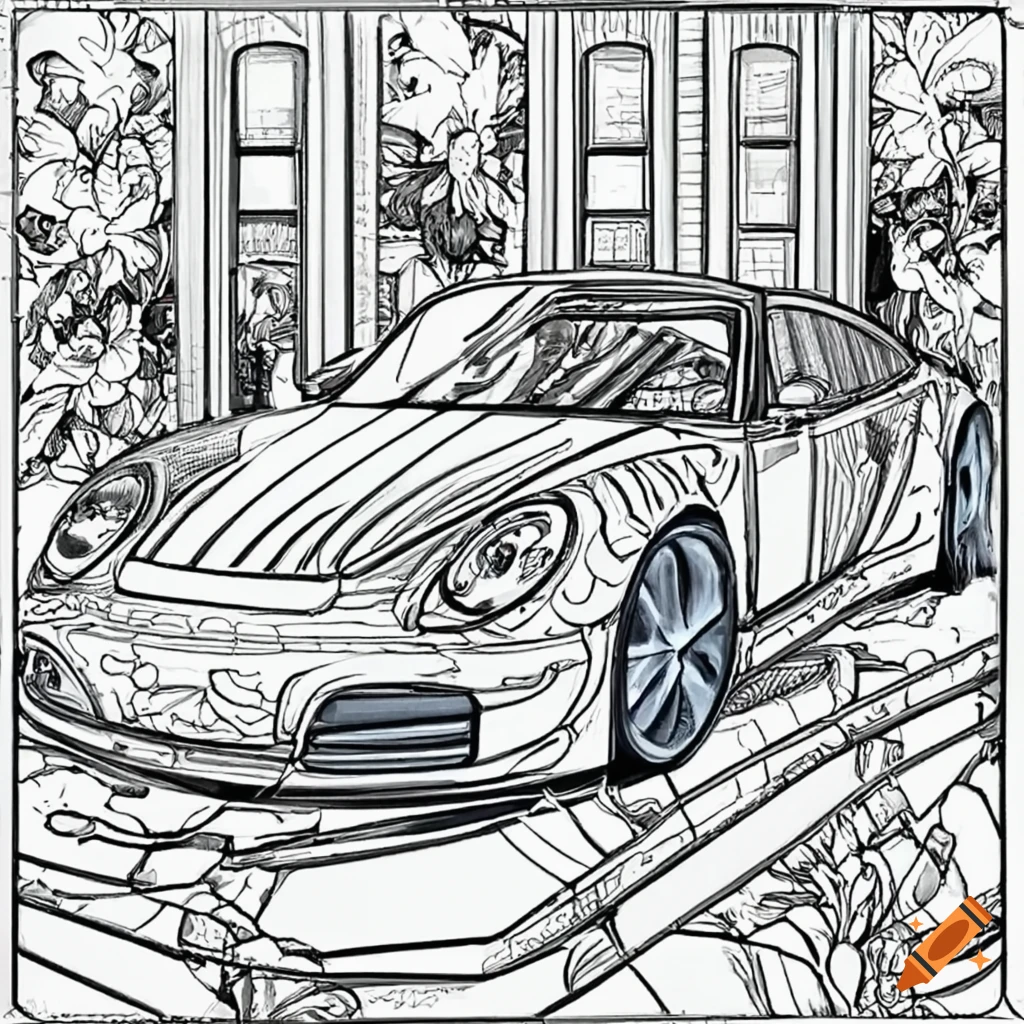 Porsche in coloring book style on