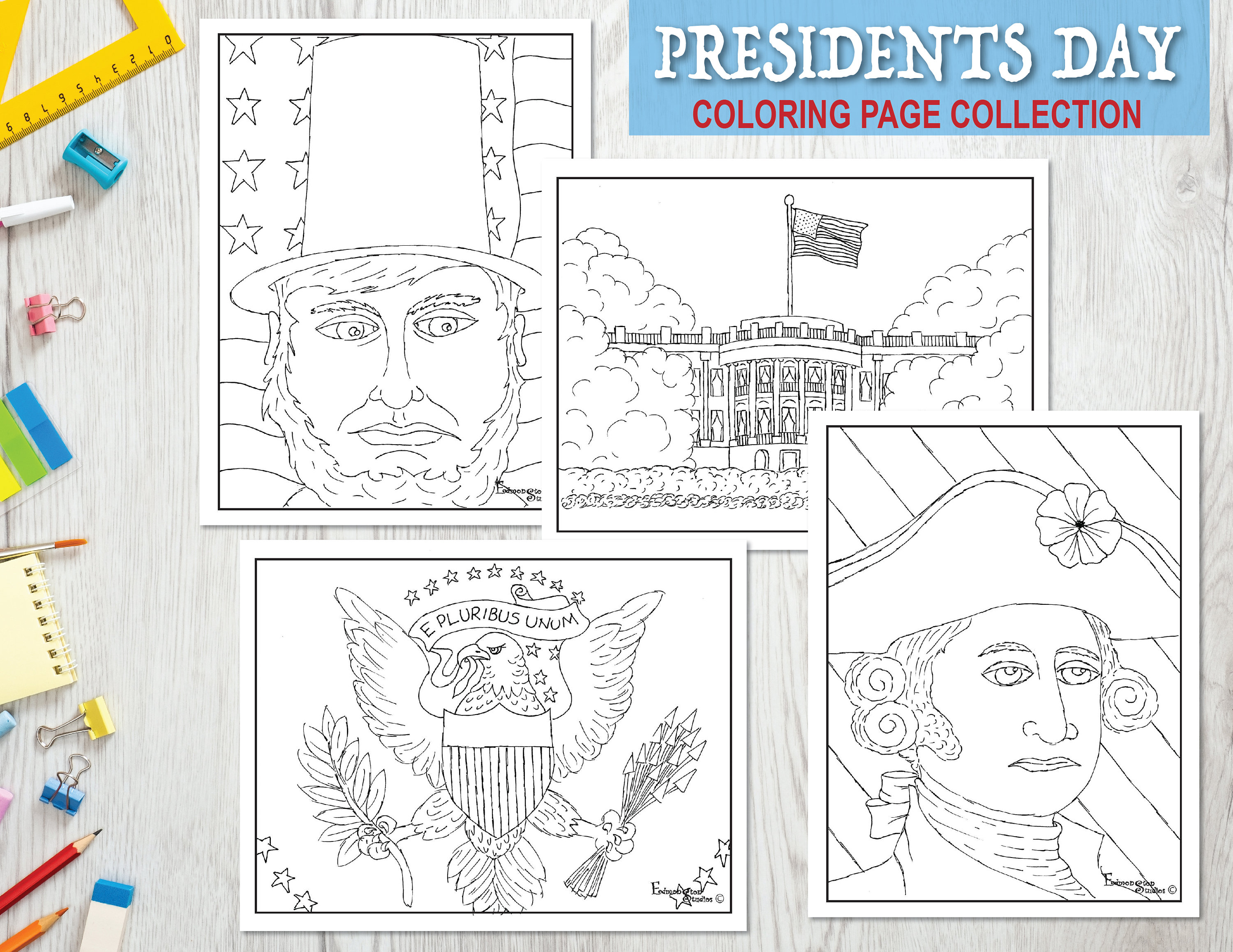 Presidents day coloring pages coloring sheets printable hand illustrated instant download classroom homeschool party family activity