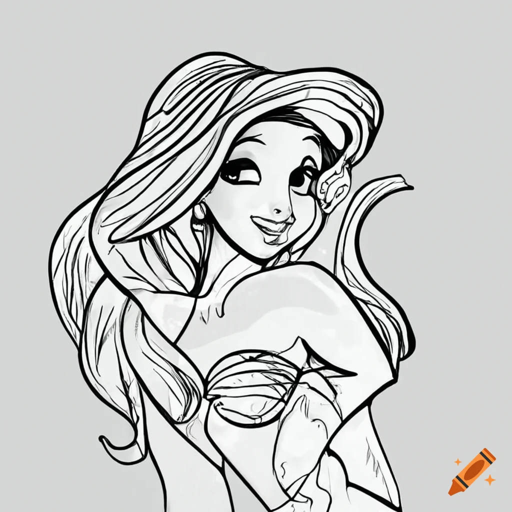 Coloring page for kid disney princess ariel white bakground clean line art fine line art