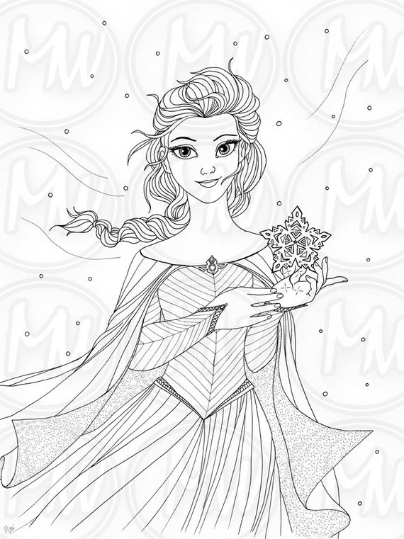 Elsa frozen princess queen coloring page illustration printable instant download detailed art digital stamp black and white instant download