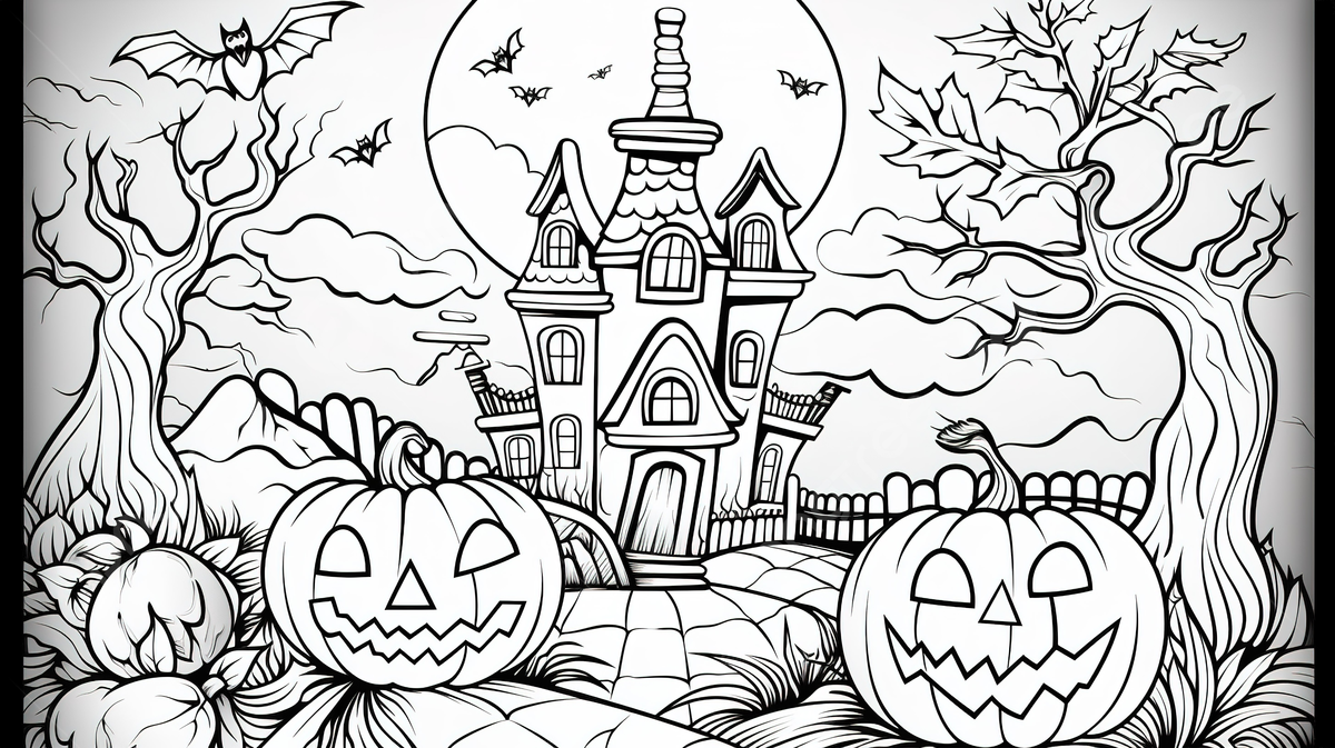 Halloween coloring page with pumpkins and castle background happy halloween coloring picture halloween halloween powerpoint background image and wallpaper for free download