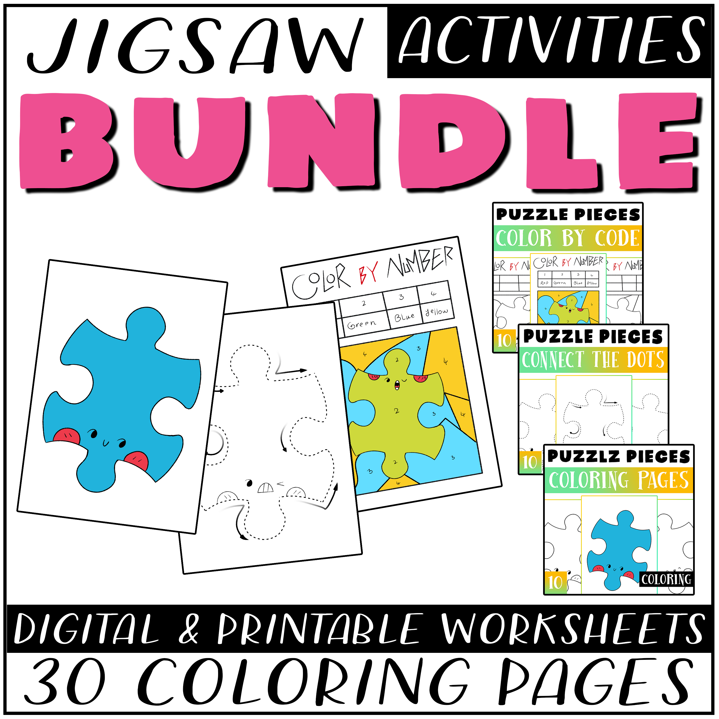 Puzzle pieces activity bundle jigsaw coloring page color by number dot to dot made by teachers