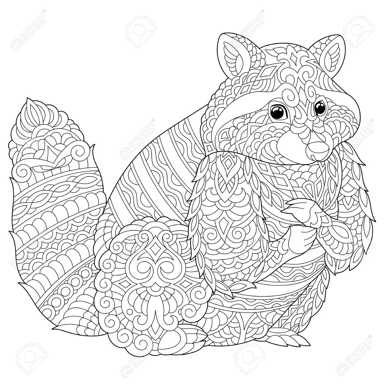 Coloring page anti stress colouring picture with raccoon freehand sketch drawing with doodle royalty free svg cliparts vectors and stock illustration image