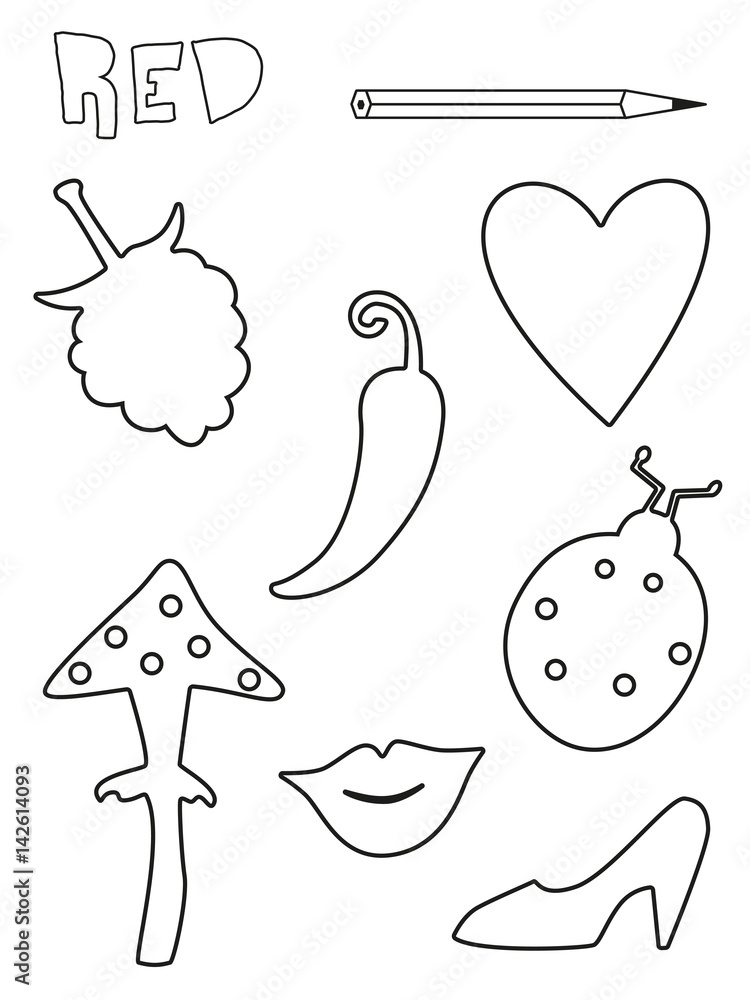 Coloring page red things set single color worksheets ladybug raspberry mushroom pepper shoe lips heart vector illustration silhouette isolated for education and activities vector