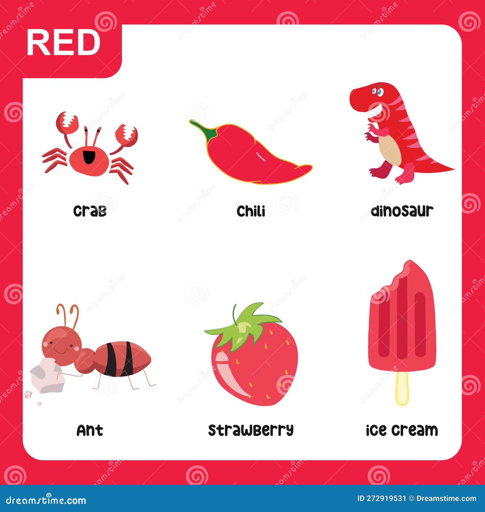 Set of red color objects primary colours flashcard with red elements stock vector