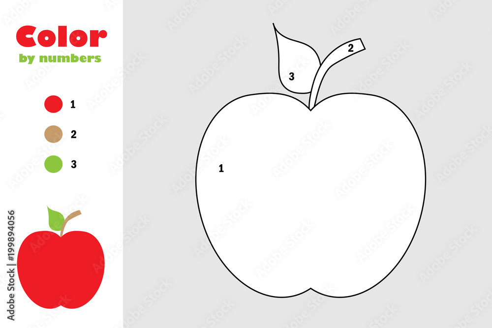 Red apple in cartoon style color by number education paper game for the development of children coloring page kids preschool activity printable worksheet vector illustration vector