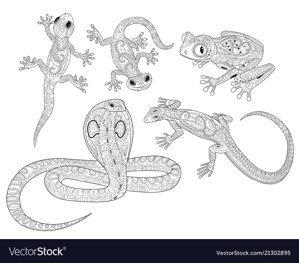 Coloring page with reptiles in patterned style vector image