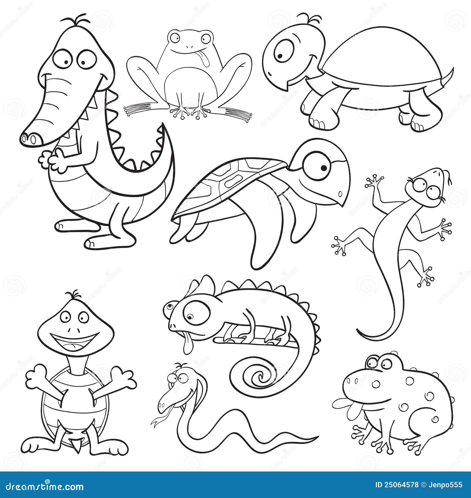 Coloring book with reptiles and amphibians stock vector