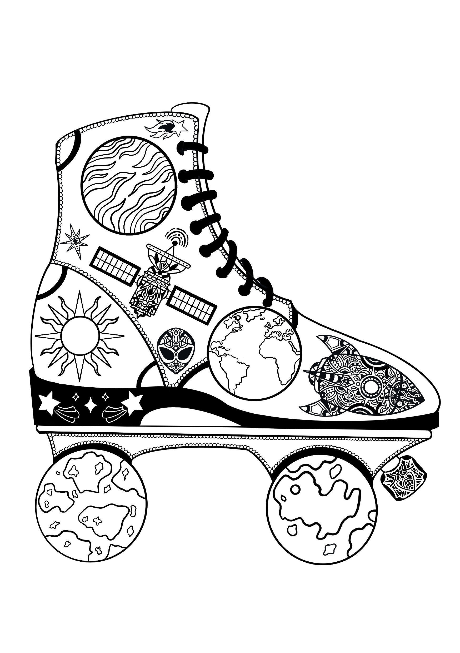 Roller space digital file download colouring page purchase as tattoo design to be printed adult colouring roller skate planets