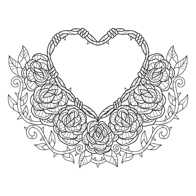 Premium vector rose and heart hand drawn for adult coloring book