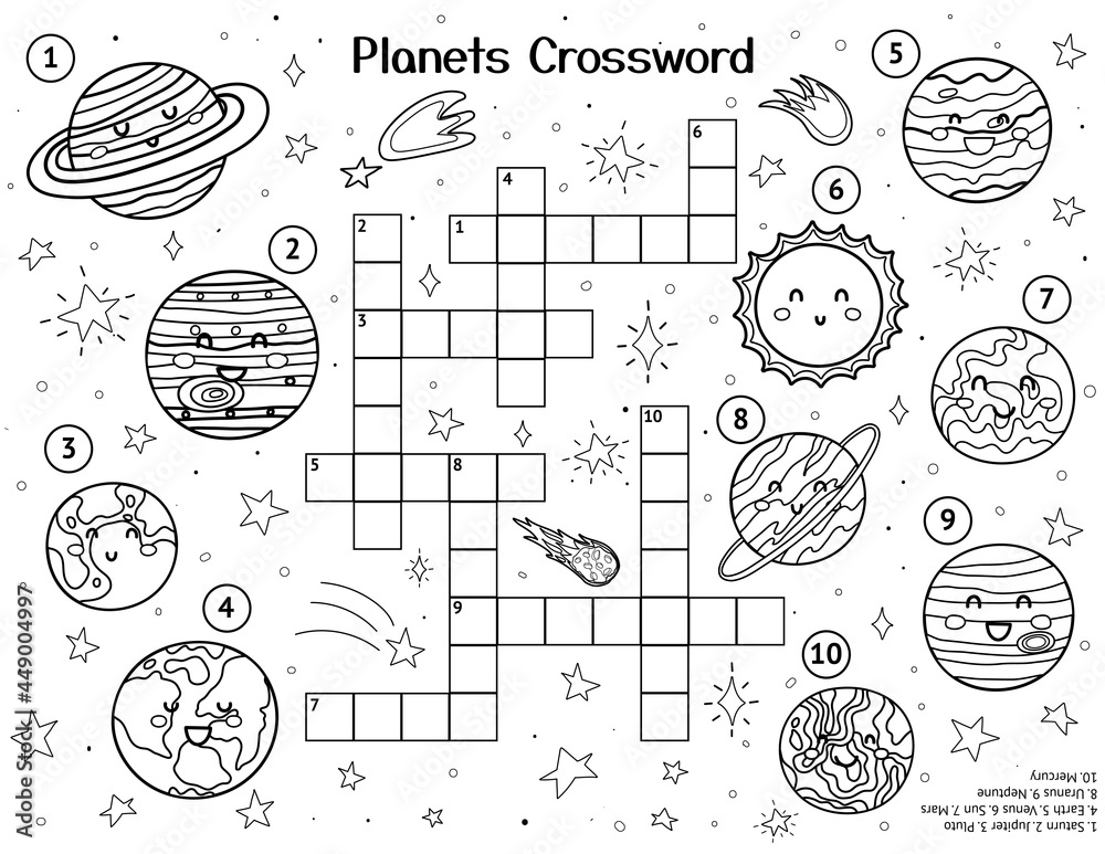 Solar system crossword puzzle with cute planets black and white space activity page for kids educational and coloring sheet for school and preschool vector illustration vector