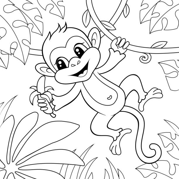 Cute little monkey with banana black and white vector illustration for coloring book stock illustration